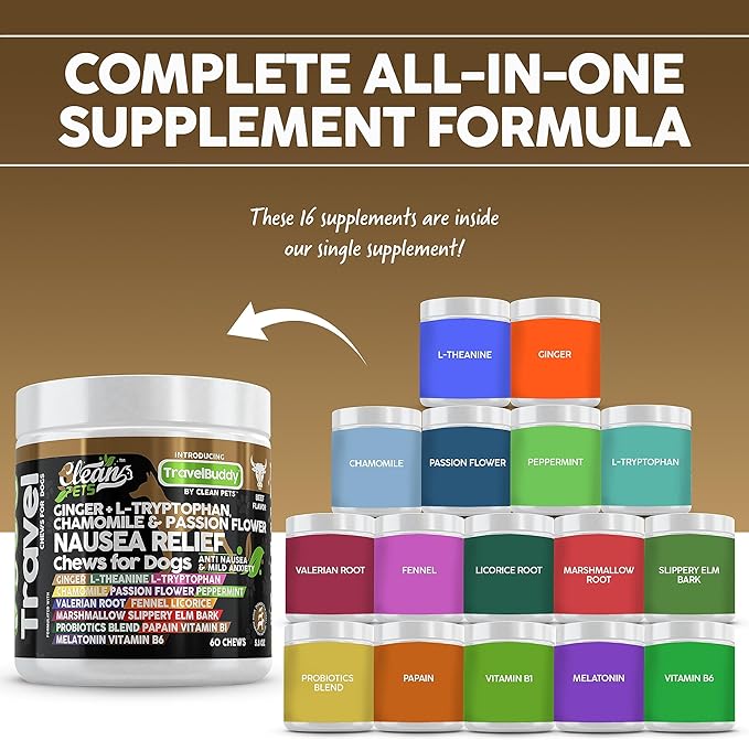 Travel Chews Nausea Relief for Dogs | Ginger L-Tryptophan Chamomile Passion Flower L-Theanine Peppermint Valerian Root Fennel Licorice Root Marshmallow Root Slippery Elm Melatonin Chew