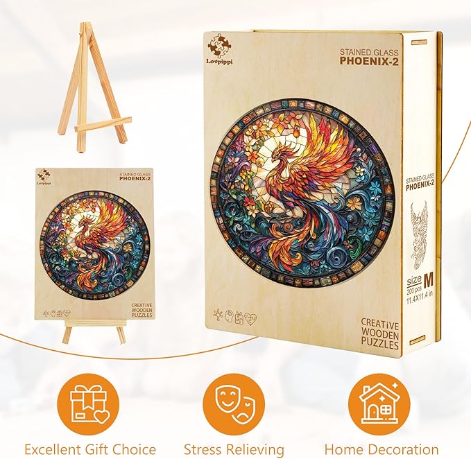 Wooden Puzzles for Adults, Stained Glass Phoenix-2 Unique Shaped Wood Puzzles Adult, Wooden Jigsaw Puzzles for Adults Kids, Creative Birthday Gifts for Friends Family Game (13.4 * 13.4in 300pcs)