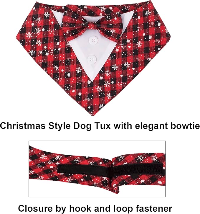 ADOGGYGO Christmas Dog Tuxedo Bandana, Red Plaid Pet Chritstmas Tux with Bowtie Adjustable Christmas Formal Costume for Small Dogs Pets (S)