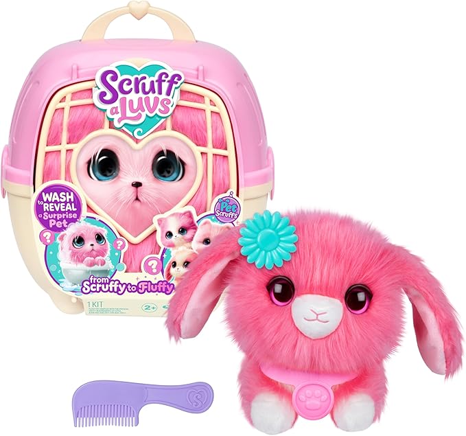 SCRUFFALUVS Pink Surprise Pet, Mystery Plush Toys, Stuffed Animals, Wash to Reveal 1 of 3 Rescue Pets: Puppy, Bunny, or Kitty - Includes 8.7" Deluxe Pet Carrier - Styles May Vary