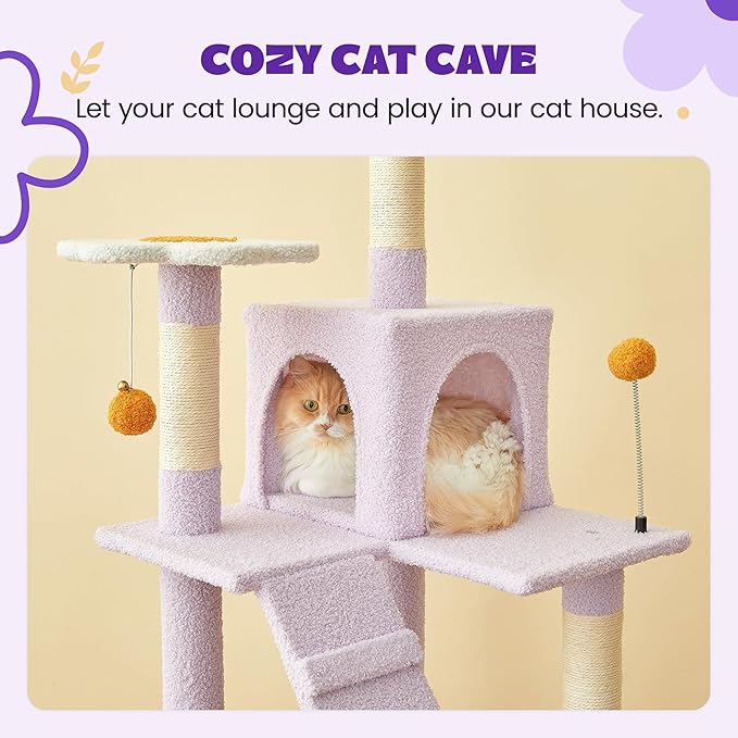 MWPO Flower Cat Tree for Indoor Cats, 63.8 Inches Multi-Level Cat Tower with Sisal-Covered Scratching Posts, Padded Platform, Hammock, Dangling Toys, Stable Cat Condo Pet Play House