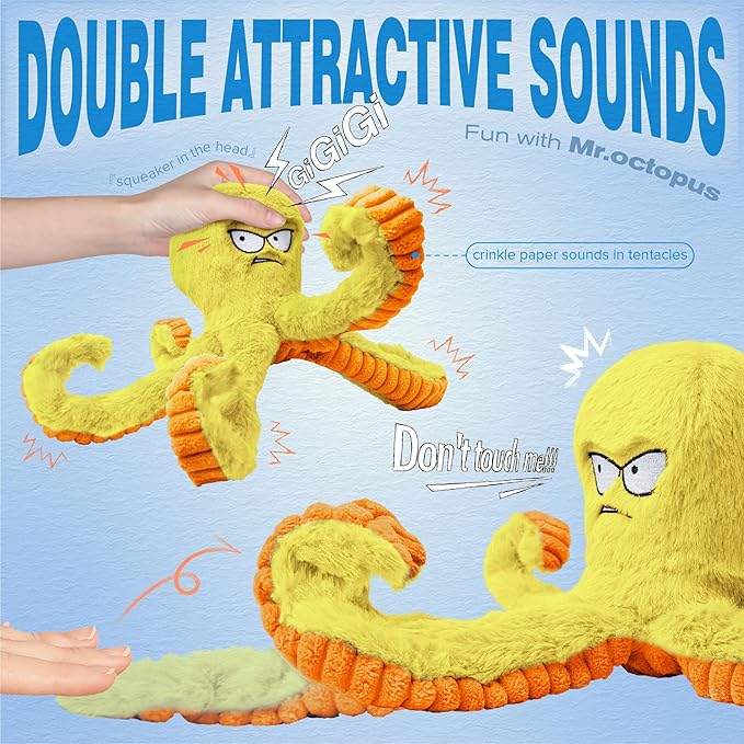 LEGEND SANDY Tough Dog Toys, Stuffed Chew Large Dog Toys to Keep Them Busy, Interactive Squeaky Tug of War Doggie Toy, Crinkle Yellow Octopus