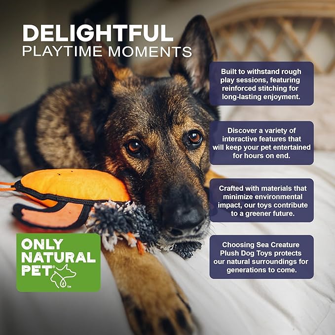 Only Natural Pet Sea Creatures Recycled Plush Dog Toy – Durable Double-Stitched Design w/Internal Squeaker, Rope Tug Arms & Plush Tail – Eco-Friendly Squeaky Toy for Dogs | Lucy The Lobster 11” x 12”