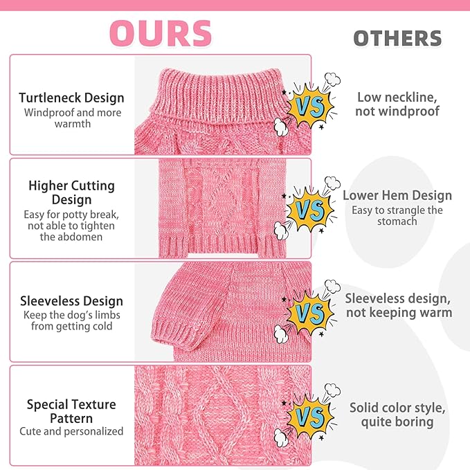 KOOLTAIL Dog Sweater for Large Medium Small Dogs, Fall Dog Sweaters, Turtleneck Cable Knitwear Pet Cold Weather Coats with Leash Hole, Warm Winter Pullover Clothes for Bulldog, Yorkie,Boy Girl, Pink L