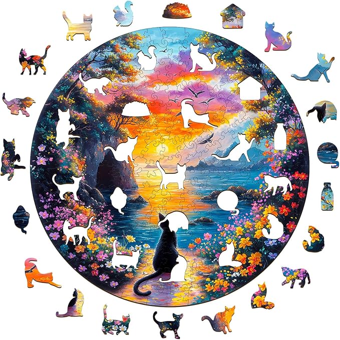 Jigfoxy Wooden Puzzle for Adults, Kitten Wooden Jigsaw Puzzles for Adult, Unique Cat Shape Wood Cut Puzzles, Christmas Thanksgiving Gifts for Friends Family (L-13.4 * 13.4in-300pcs)