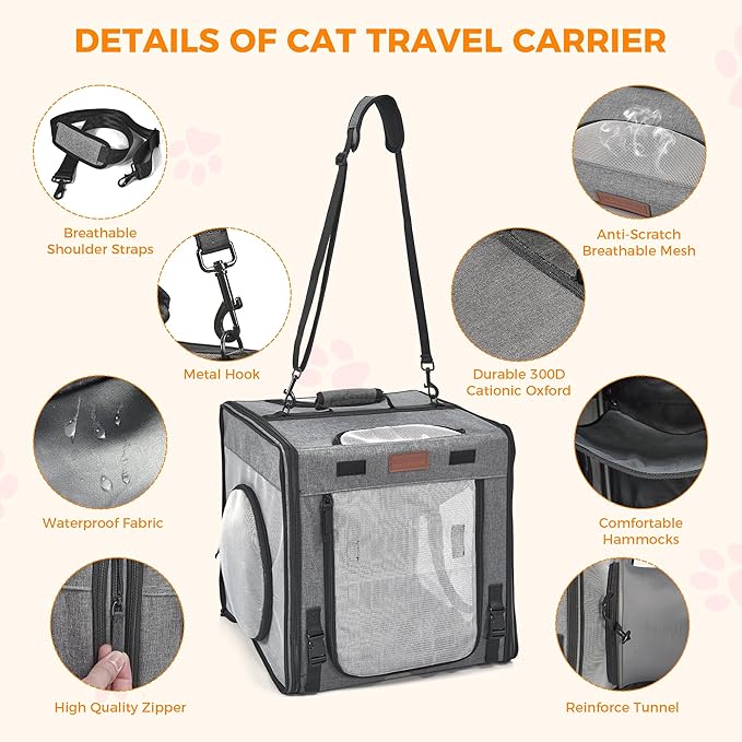 PETUX 2-in-1 Double Cat Carrier for Multiple Cats - 34"x17"x17", Portable, Foldable, Large Cat Travel Carrier with Litter Box, Play Tunnels and Hammock for Car Travel ＆ Vet Visit - Grey