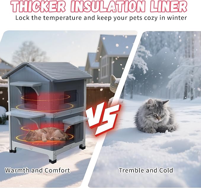 Plastic Outdoor Cat House - Cat House for Outside with Insulated Liner for Winter，100% Weatherproof Cat Houses for with Escape Door, Feral Cat Shelter for Porch Barns Strays