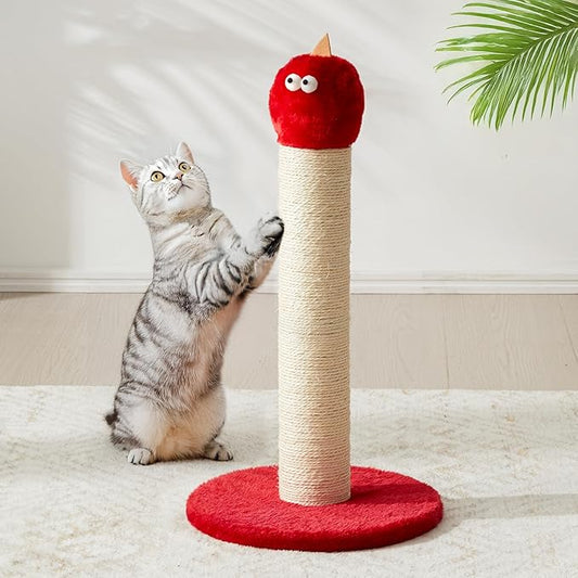 22" Cat Scratching Post, Sisal Cat Scratcher with Interactive Hanging Toy, Monster Scratch Pole for Indoor Cats, Cute Cat Scratch Post for Kittens & Large Cats, Red