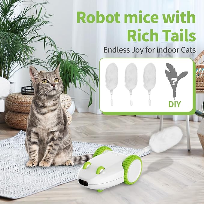 PETGEEK Automatic Cat Mouse Toys Interactive Cat Toys for Indoor Cats, Smart Sensing Moving Electric Cat Toys with Catnip Wand, USB Rechargeable Remote Control Squeaky Mouse Cat Toy, 3 Catnip Tails
