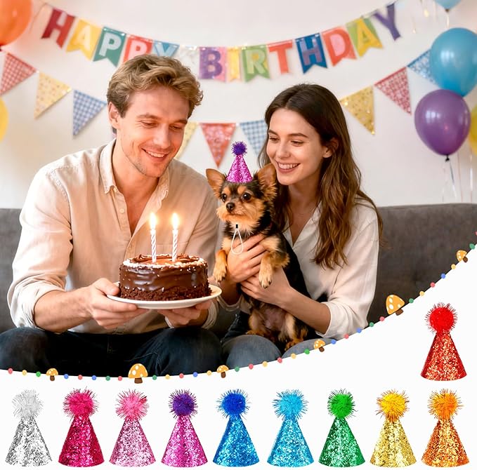 10 Pcs Mini Cat Birthday Party Hats with Pompoms colorful sequins, Puppy Holiday Wedding Hats, Cute Pet Costume Hat Accessories for Small Dogs Kittens Rabbits Stuffed Animals (Small, sequined pom-pom)