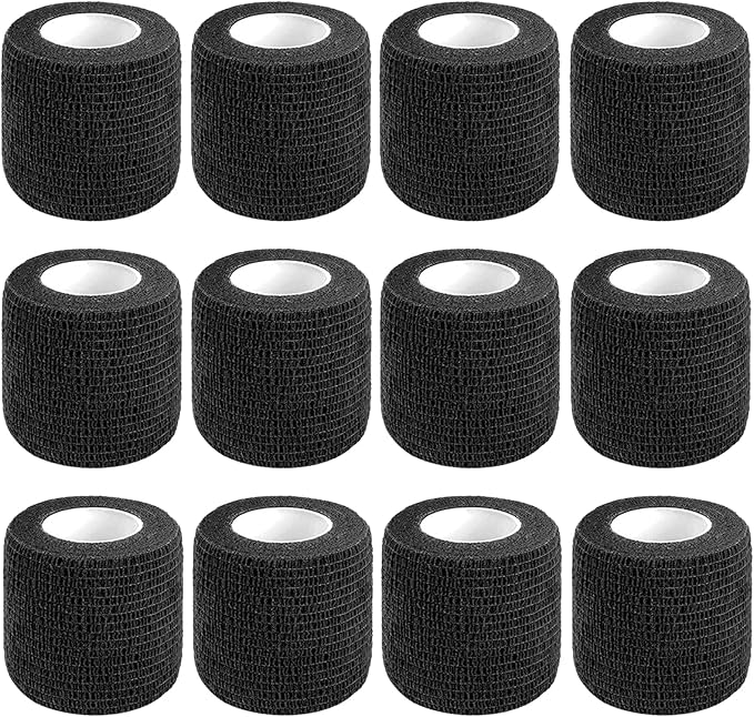 12 Pack Self Adhesive Bandage Wrap,2 Inches 5 Yards Black Vet Wrap Breathable Flexible Stretchy Cohesive Bandage for First Aid, Sprains Protection