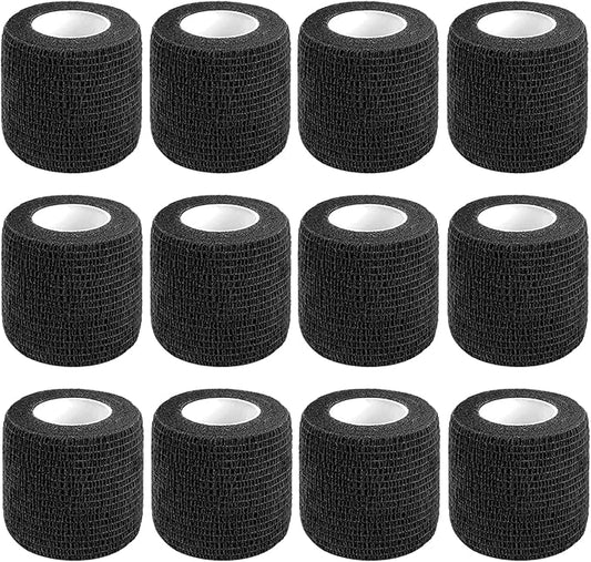 12 Pack Self Adhesive Bandage Wrap,2 Inches 5 Yards Black Vet Wrap Breathable Flexible Stretchy Cohesive Bandage for First Aid, Sprains Protection