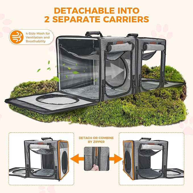 PETUX 2-in-1 Double Cat Carrier for Multiple Cats - 34"x17"x17", Portable, Foldable, Large Cat Travel Carrier with Litter Box, Play Tunnels and Hammock for Car Travel ＆ Vet Visit - Grey