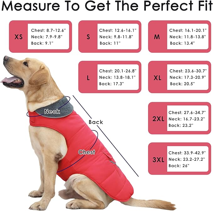 Dog Coat, Waterproof Dog Winter Jacket with Pocket, Reflective Adjustable Pet Snow Vest, Warm Cozy Fleece Sweater for Small Medium Extra Large Dogs - Red, L