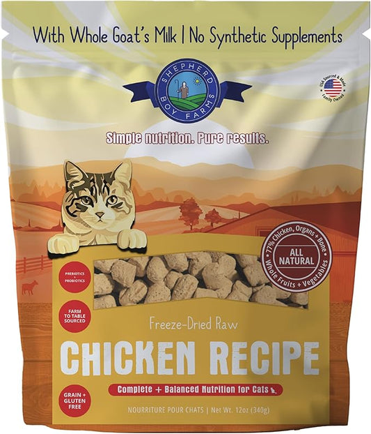 Shepherd Boy Farms Freeze-Dried Chicken Cat Food – High-Protein, Grain-Free, Made with Organic Fruits & Veggies & Goat’s Milk (12oz)