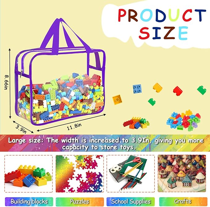 6 Color Large Toy Storage Bags with Labels, Reusable Clear PVC Board Game Storage, Travel Waterproof Organizer Bags with Zipper for Building Blocks, Puzzle, Kids Books