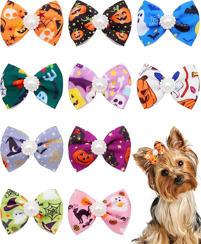 PET SHOW 10 Pack 2" Halloween Small Dogs Hair Bows with French Clips Rhinestone Yorkie Barrette Clip Bowknot for Medium Dogs Puppy Pet Ghost Pumpkin Topknot Cat Grooming Hair Accessories
