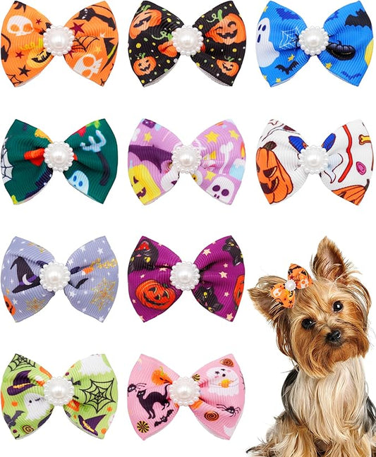 PET SHOW 10 Pack 2" Halloween Small Dogs Hair Bows with French Clips Rhinestone Yorkie Barrette Clip Bowknot for Medium Dogs Puppy Pet Ghost Pumpkin Topknot Cat Grooming Hair Accessories