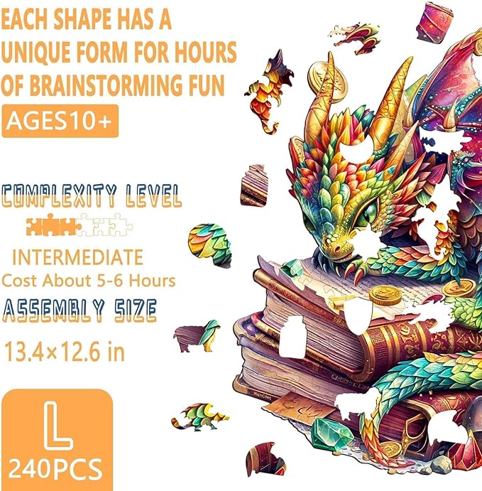 Wooden Puzzles for Adults - Jeweled Dragon Puzzle, Unique Shape Wooden Jigsaw Puzzle for Adults, Wood Puzzles Adult, Good Gift Idea for Friends, Home Decor (L-13.4 * 12.6in 240 Pieces)