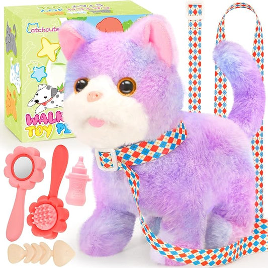 Plush Toys Cat for Kids with Leash, Interactive Electronic Kitty That Walking,Meowing,and Tail Wagging, Pretend Play Realistic Cat Christmas Birthday Gifts for Boys and Girls
