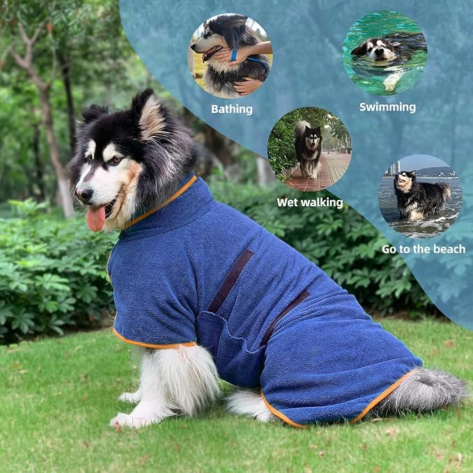 Dog Drying Coat Bathrobe Towel, Microfibre Material Fast Drying Super Absorbent Dog Bath Robe, Pet Quick Drying Moisture Absorbing with Adjustable Collar and Waist