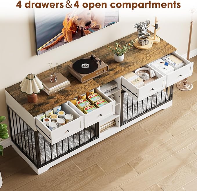 GarveeHome 82" Double Dog Crate Furniture, Large Dog Kennel Indoor for 2 Dogs, Heavy Duty Wooden Dog Crate TV Stand with 4 Drawers and Shelves, White/Brown