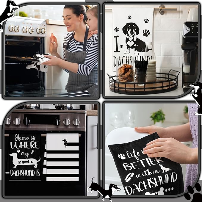 TecUnite 6 Pcs Dachshund Kitchen Towels Set Funny Long Dog Dishtowels Cute Dachshund Absorbent Decorative Hand Tea Towels for Cleaning Drying Women Mom Dog Lovers Housewarming Gifts Decor