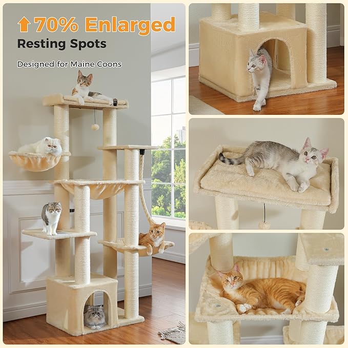 Large Cat Tree-67 Tall Cat Tower for Indoor Cats Large Adult with 7 Thick Sisal Scratching Posts (φ4.3), Multi-Level Condo, Big Perch & Hammocks for Maine Coon 20 lbs -Beige