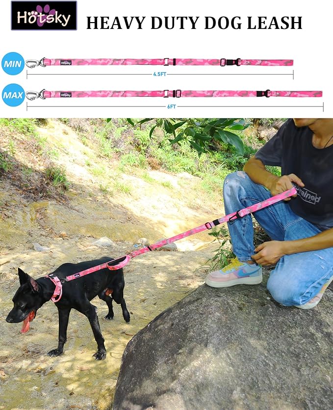 Hotsky Heavy Duty Dog Leash,4.5-6 FT Adjustable Durable Nylon Seatbelt Lead with Two Padded Traffic Handle and Carabiner for Large Medium and Small Breed Dogs,Pink Camo