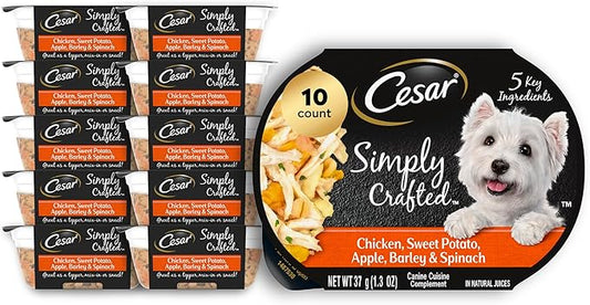 Cesar Simply Crafted Adult Wet Dog Food Meal Topper, Chicken, Sweet Potato, Apple, Barley & Spinach, 1.3oz. (10 Count, Pack of 1)