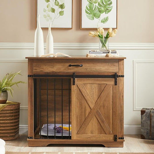 37.8" Dog Crate Furniture - Indoor Wooden Dog Kennel Furniture with Sliding Barn Door and Storage Drawer, Rustic Oak