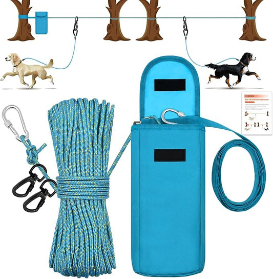 Upgraded Dog Tie Out Cable for Camping, 100FT Portable Trolley System for 2 Dogs, Knot-a-Hitch Dogs Hitching System up to 250lbs, Dog Runner for Yard Camping Training Running Hiking Outdoor
