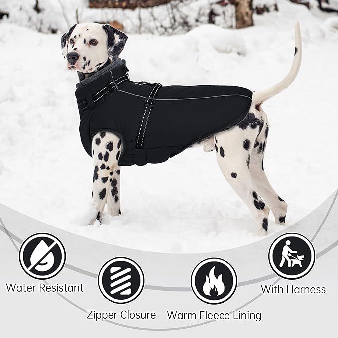 PUMYPOREITY Dog Coat with Harness Built in, Reflective Fleece Jacket, Thick and Warm Winter Coat, Medium Dog Jacket with Zip, Cold Weather Coats for Outdoor, Windproof Pet Snowsuit, Black, M