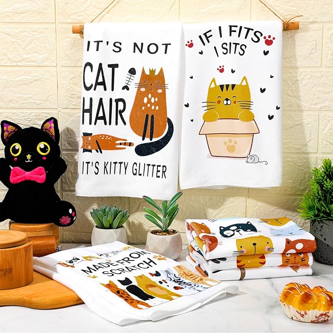 TecUnite 6 Pcs Cat Kitchen Towels Set Funny Cat Tea Towels Cute Dish Towels Decorative Cat Hand Towel Cat Lover Gifts for Cleaning Drying Wiping Tasks Cat Owners Women Mom Housewarming Gifts Decor