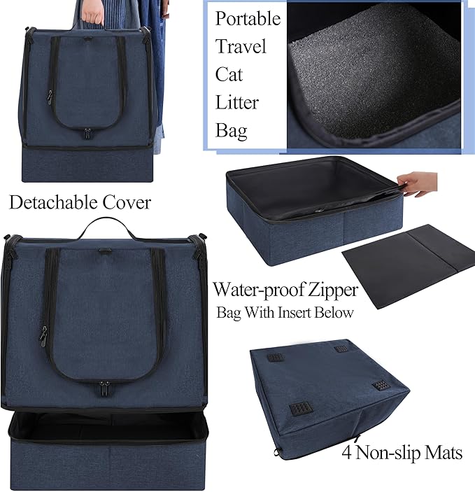 apollo walker Portable Cat Travel Litter Box with Zipped Waterproof Bag,No Collapse with Hard Base Insert at Bottom, No Leakage, No Smell, Easy to Carry, Easy to Use in Hotels