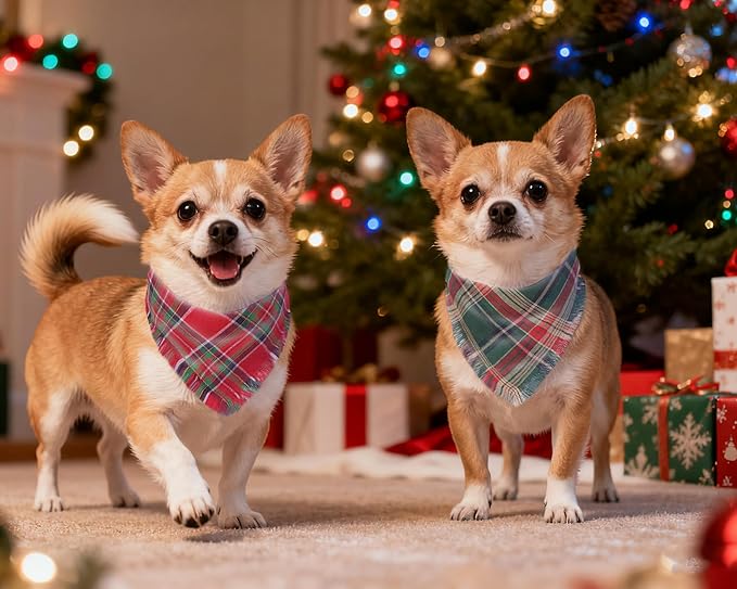 Christmas Dog Bandanas 2PCS-Small,Holiday Scarf Two-Sided with Tassels Edges,Stylish Triangle Dog Outfit for Boy and Girl,Winter Christmas Classic Red Green Plaid Pet Costume for Small Dogs