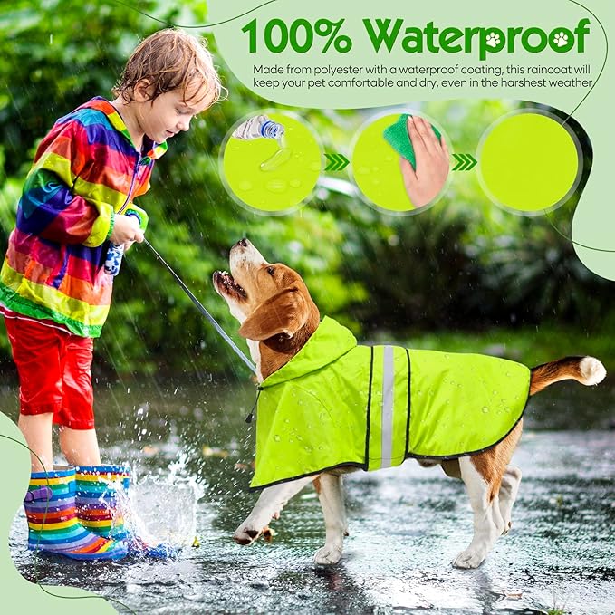 Weesiber Dog Raincoat, Waterproof Dog Rain Jacket with Leash Hole, Reflective Puppy Rainwear Hooded Pet Poncho Slicker for Walking (L, Green)