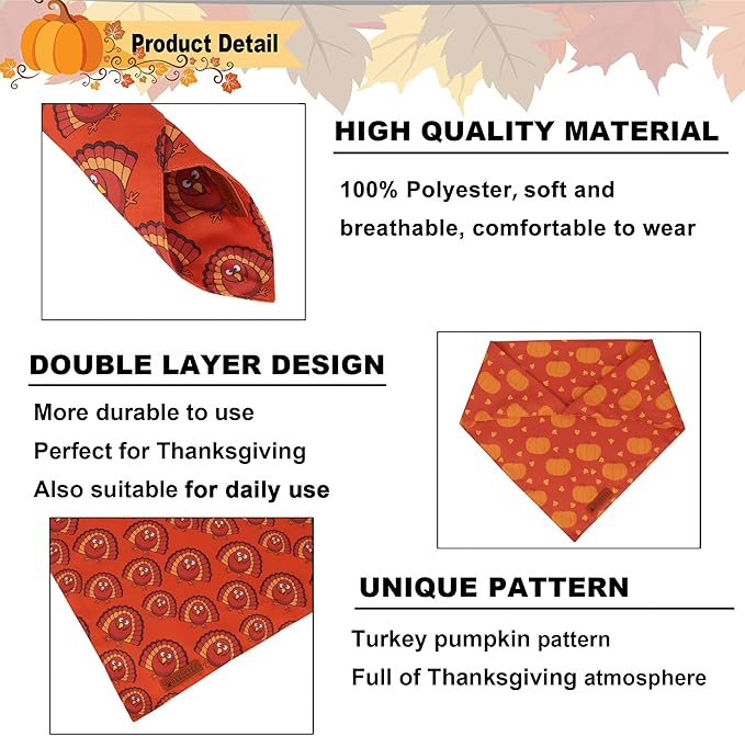 ADOGGYGO Thanksgiving Dog Bandanas 2 Pack, Reversible Pumpkin Turkey Pet Scarf, Premium Fabric, Adjustable Fit Orange Thanksgiving Bandanas for Extra Large Dogs (X-Large)