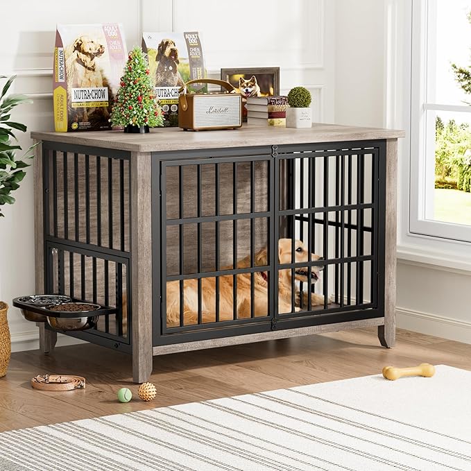 Lulive 37.8" Dog Crate Furniture, Large Wooden Dog Kennel Indoor with 360°& Adjustable Raised Dog Bowls, Double Doors Furniture Decorative Side End Table Dog Cage for Medium Dogs, Grey