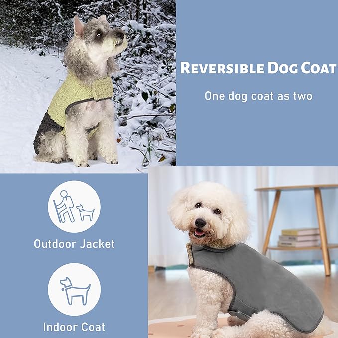 cyeollo Warm Dog Coat Sherpa Dog Winter Coat, Reversible Fleece Dogs Jackets Sweater Vest for Small Dogs Male with Leash Hole, Soft Cold Weather Pet Clothes, Khaki L