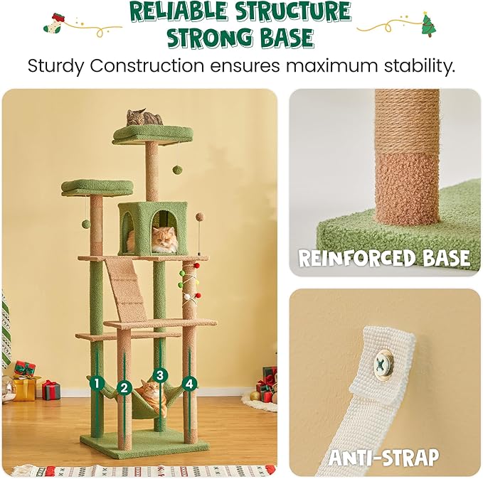MWPO 70.1-Inch Green Large Cat Tree, Multi-Level Tall Cat Tower for Indoor Cats, Plush Cat Condo with Big Padded Perches, Sisal-Covered Scratching Posts, Hammock, Toys for Kittens & Cats
