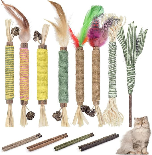 Bissap 16 PCS Silvervine Chew Sticks for Cats, Catnip Chew Sticks Cat Toys for Indoor Cat Kitten Teeth Grinding Interactive Feather Toys for Aggressive Chewers Dental Care