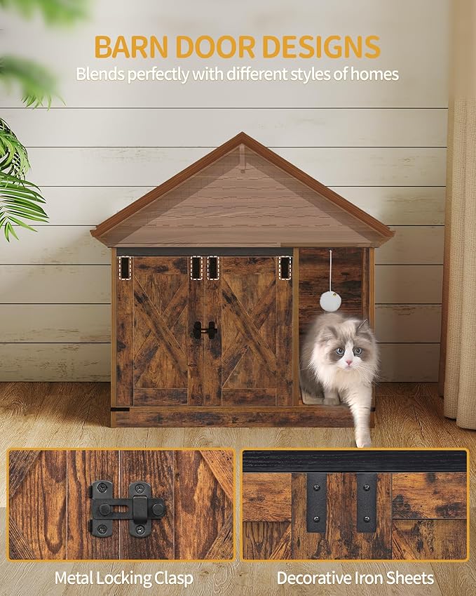 Cat Litter Box Enclosure, Hidden Litter Box Cabinet Furniture with Bell, Indoor Cats House, Farmhouse Style, 31.5 x 19.7 x 20.9Inches, for Hallway, Bedroom, Rustic Brown and Black CB82401X