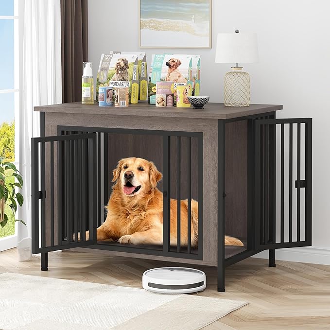 EasyCom Dog Crate Furniture for 1 or 2 Dogs, Heavy Duty Single/Double Dog Crates for Small/Medium/Large Dogs, Dog Kennel Furniture Indoor as TV Stand, Large Size 39.96" L(35-60 Pounds), Oak Grey