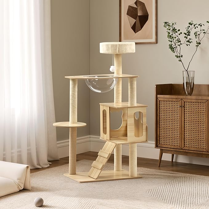 EUREKA ERGONOMIC Cat Tree Tower, 46.5 Inch Modern Cat Tower with Scratching Post, Multi-Level Large Cat Condo Wooden Cat Stand with House, Pompoms, Cat Tree with Scratch Pad (Yellow)