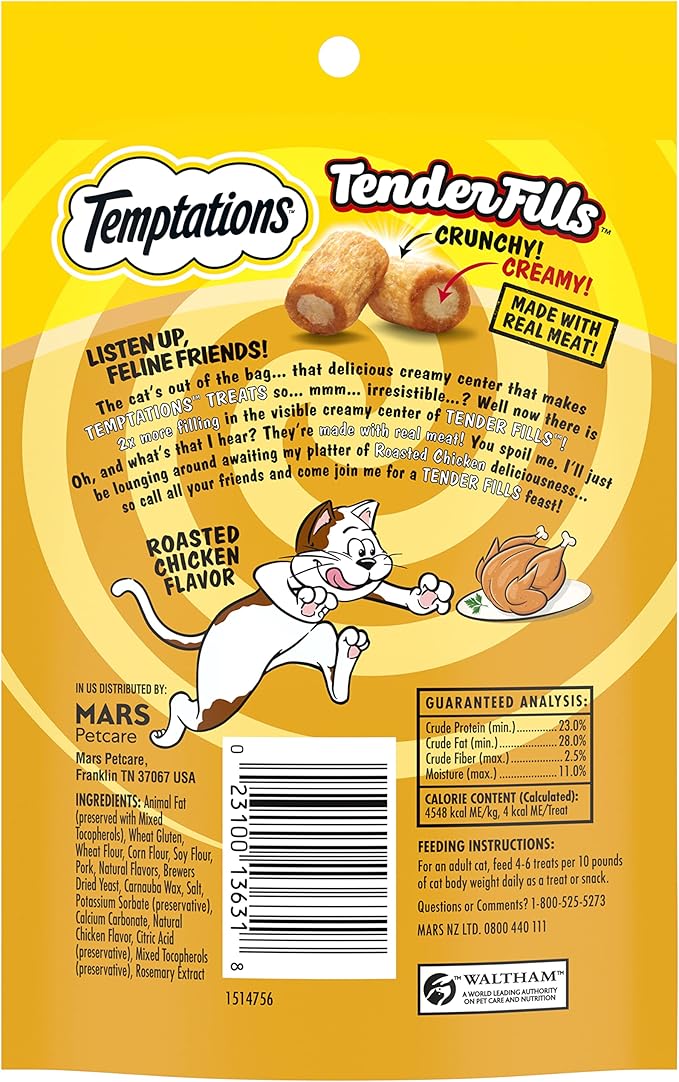 Temptations Tender Fills Crunchy and Soft Adult Cat Treats, Roasted Chicken Flavor, 2.1 oz. Pouch (Pack of 12)