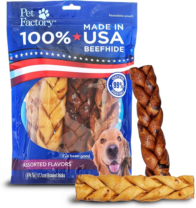 Pet Factory 100% Made in USA Beefhide 7" Braided Sticks Dog Chew Treats - Beef & Chicken Flavor, 6 Count/1 Pack