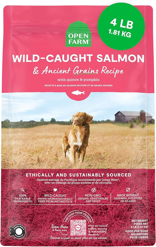 Open Farm, Ancient Grains Dry Dog Food, Protein-Rich & Nutrient Dense, 90% Animal Protein Mixed with Non-GMO Fruits, Veggies and Superfoods, Wild Caught Salmon Recipe, 4lb Bag