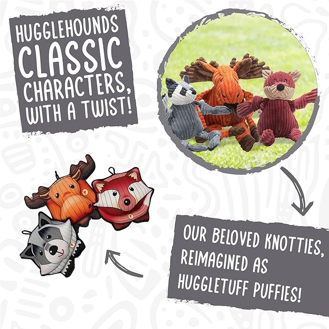HuggleHounds HuggleTuff Plush Dog Toys - Dog Stuffed Animal Toy, Puppy Toys, Squeaky Dog Toy for Small & Medium Dogs, Durable Plush to Keep Them Busy - Puffies Woodland Friends (3 Count)