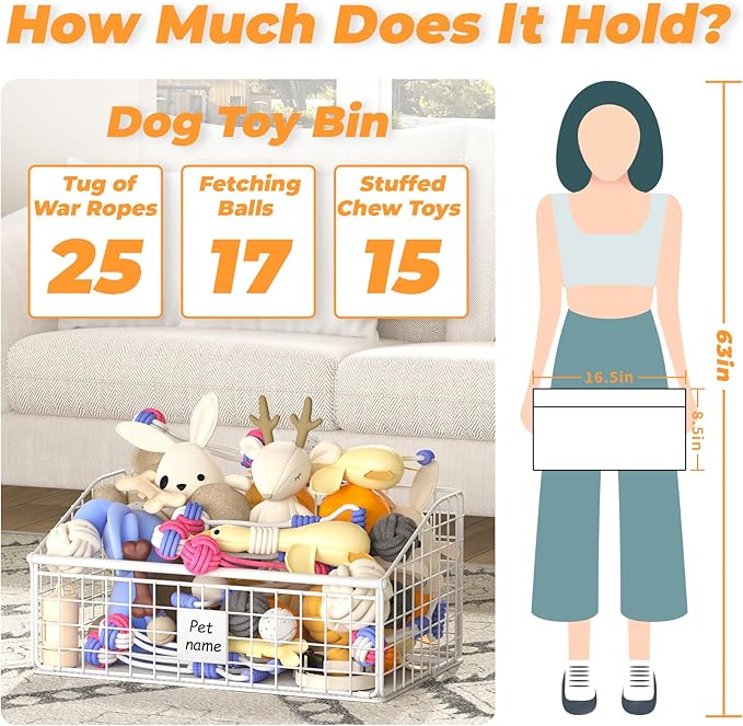 Dog Toy Bin Toy Basket Metal Storage Box with Handles Dog Organizer Chew-Proof White Dog Toy Box Blankets Leashes Chest Puppy Dog Toy Storage Container Home Decor Pet Toys Dog Cat